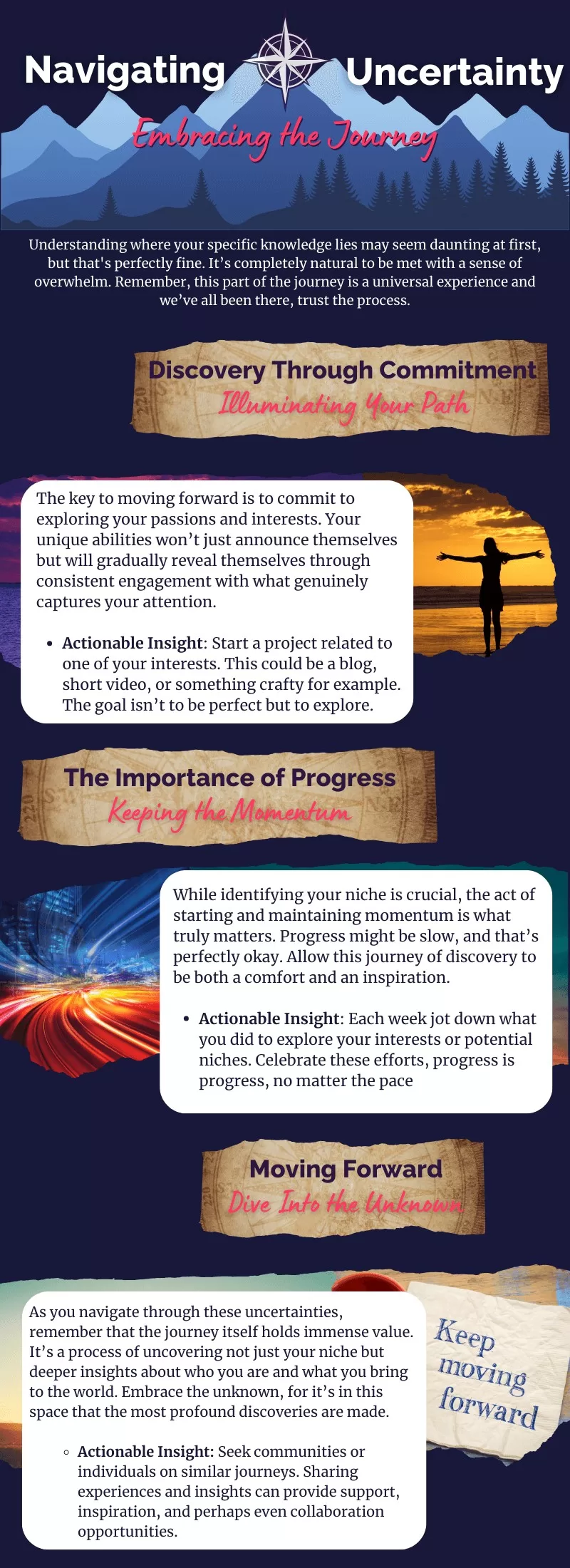 Infographic defining three steps to help with navigating uncertainty in discovering you specific knowledge. 1. Discovery Through Commitment 2. The importance of progress. 3. Moving Forward and Diving into the unknown